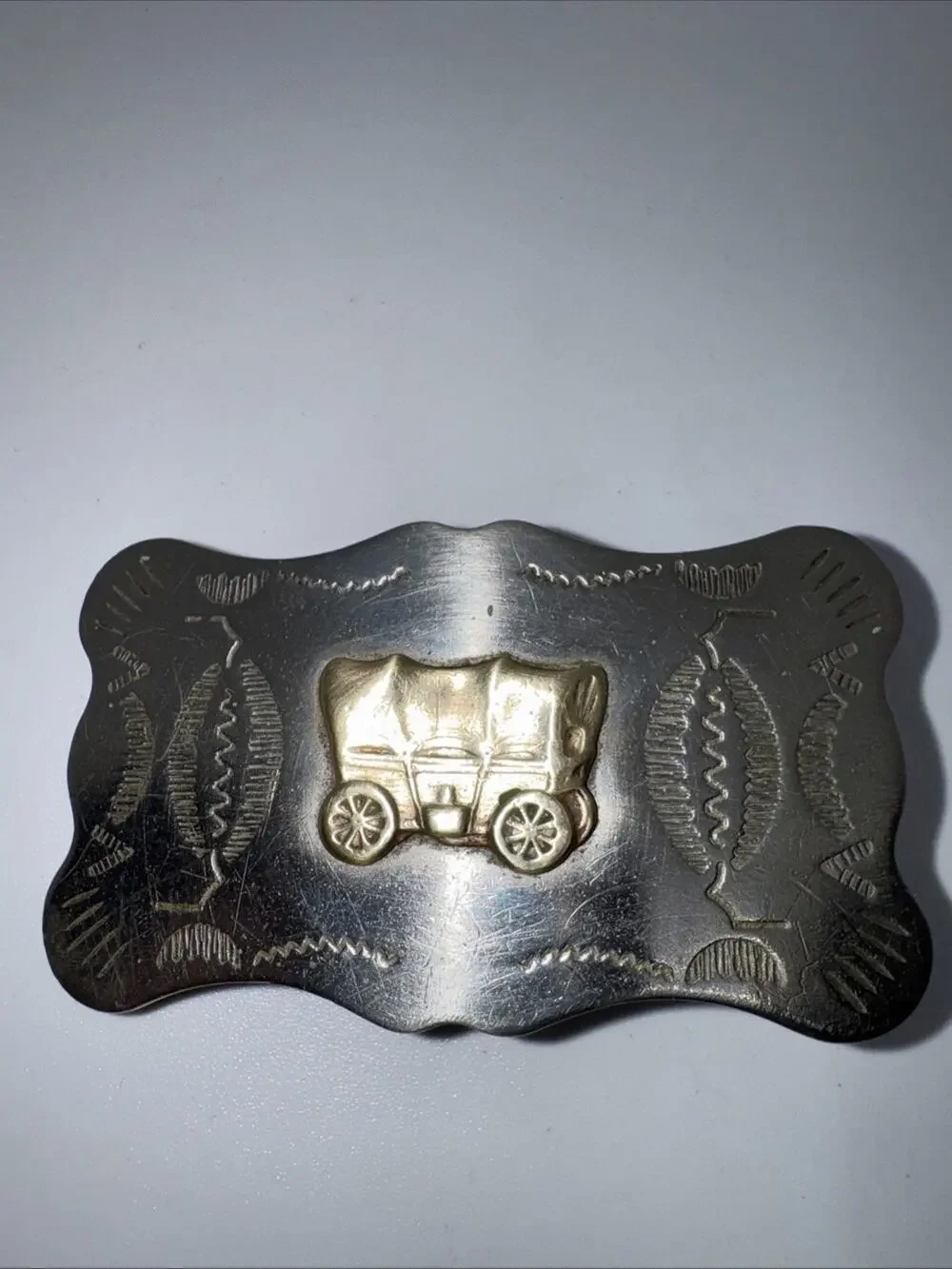 Vintage NICKEL SILVER Western Wagon Rodeo Belt Buckle - USED